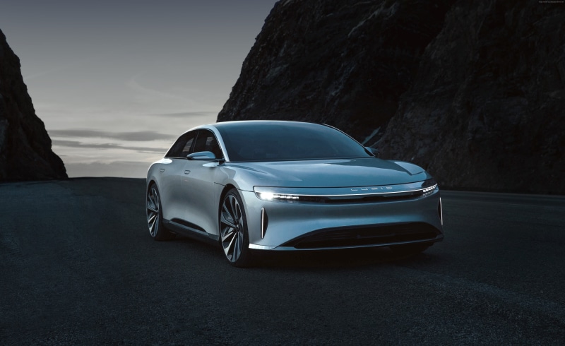 electric cars, stationary, solid, outdoors, Lucid Air, 5k, no people, vintage car, motor vehicle, day, 5K, rock - object, rock formation, nature, luxury
