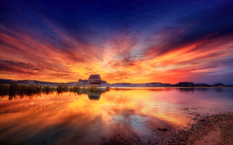 lake, sky, lucid, photography, landscape, sunset, stones, 2K, sundown