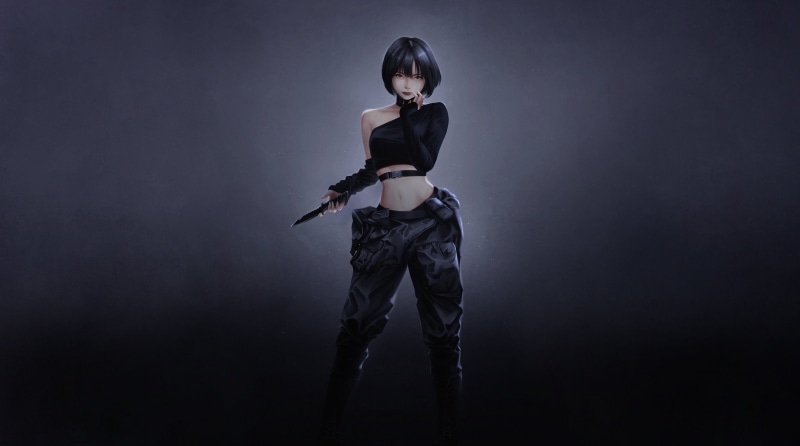 Asian, Lucid, Knife, Style, Art, Girl, 4K, Minimalism, Character, Mr. Holmes, Illustration