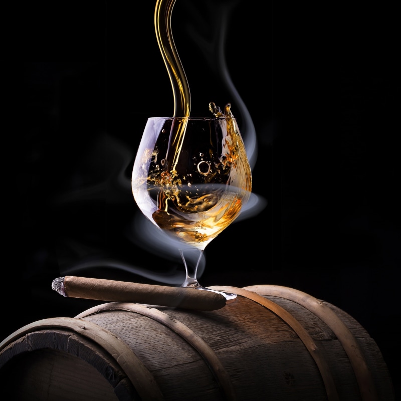 black background, jet, cigar, smoke, alcohol, glass, 2K, barrel