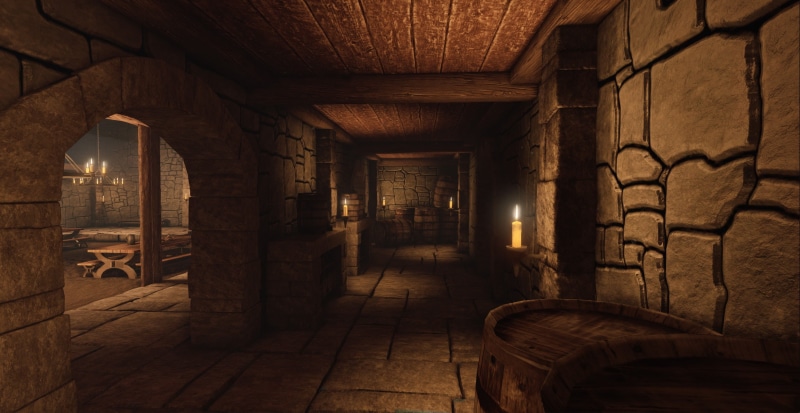 architecture, illuminated, brick wall, built structure, the past, wall, 3D, corridor, brick, absence, medieval, barrels, domestic room, wall - building feature