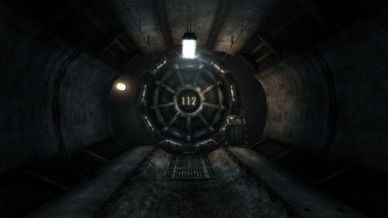 vault tec, staircase, cellar, no people, aerospace industry, concrete, pattern, absence, 720P, illuminated, Vault 112, directly below, indoors, architecture