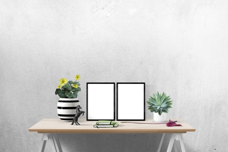 flower, copy space, table, wall - building feature, space, furniture, potted plant, template, flower pot, computer, white, 3d, poster, vase, desk, interior