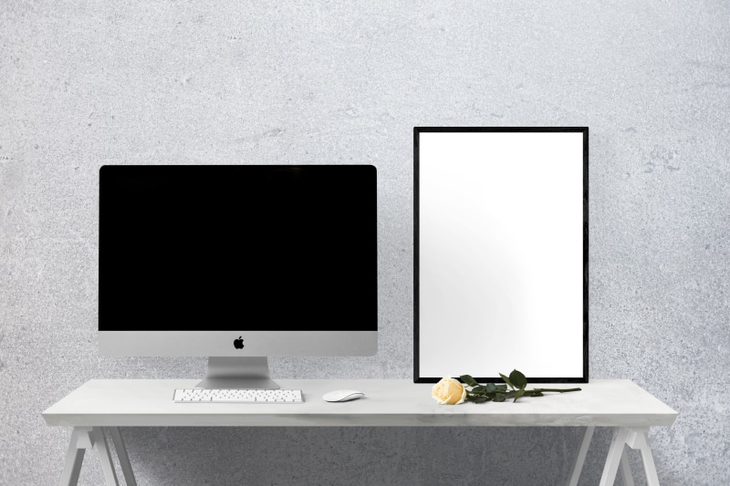 office, furniture, keyboard, copy space, table, yellow, mock, connection, business, blank, imac, poster, silver, white color, computer equipment, wall - building feature