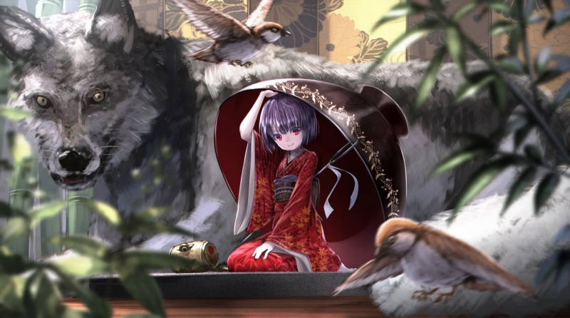 Girl, Shinmyoumaru Sukuna, Short Hair, Red Eyes, Bird, Anime, Touhou, Kimono, Wolf, Oriental, 1080P, Purple Hair