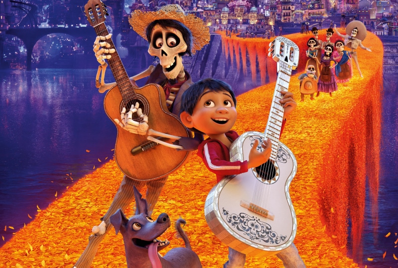 celebration, holding, two people, performance, animated movies, coco, dog, decoration, 4k, portrait, disney, musician, musical instrument, smiling, 2017 movies