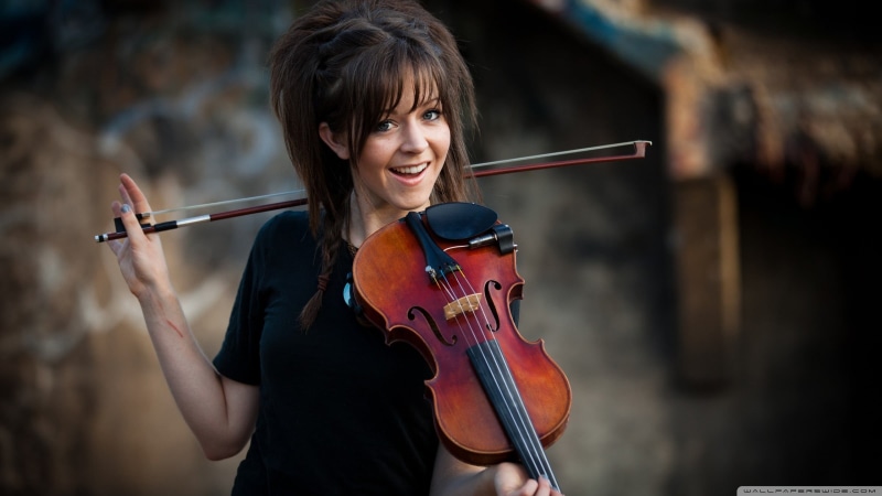 musician, portrait, beautiful woman, musical instrument, waist up, 1080P, women, smiling, skill, standing, Lindsey Stirling, string instrument, violin