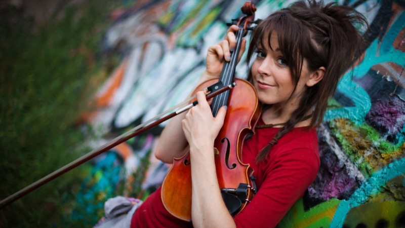 graffiti, happiness, arts culture and entertainment, hair, outdoors, Lindsey Stirling, music, young adult, musician, portrait, 1080P, waist up, smiling