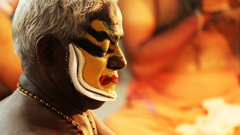 temple, head, temple art, art form, mask, fun, one animal, 4K, celebration, smile, yellow, make up, person, kathakali, no people, spirit, character, art and craft