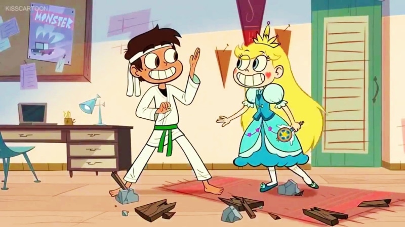 men, artist, male likeness, standing, TV Show, wall - building feature, indoors, Marco Diaz, representation, paintbrush, women, childhood, smiling, males