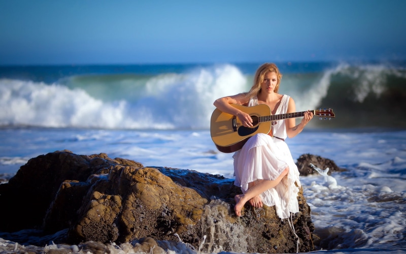 relaxation, musician, water, one Person, acoustic Instrument, summer, beach, cheerful, outdoors, adult, music, wave, people, artist, acoustic Guitar, females