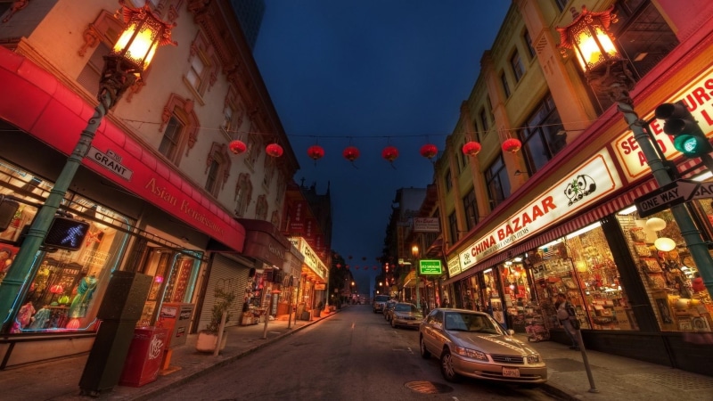 city, chinatown, york, nature and landscapes, street, night, lights, new, stores, 1080P