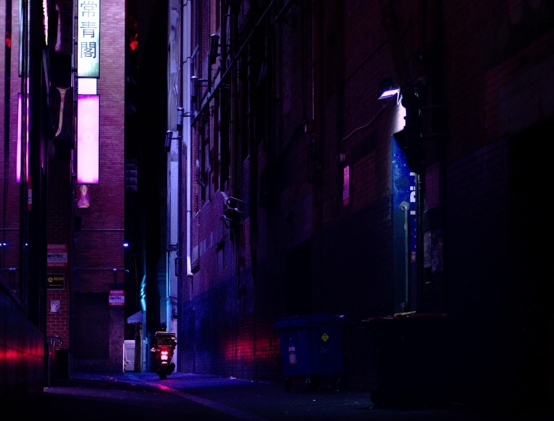 alley, glowing, cyberpunk, direction, residential district, the way forward, chinatown melbourne, road, night, built structure, scooter, laneway, pink color