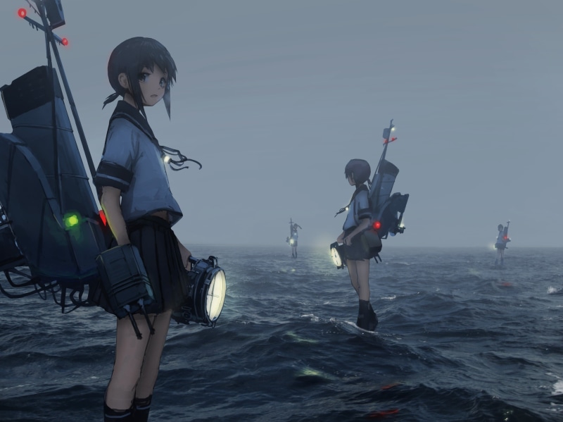 adventure, 2K, water, anime girls, school uniform, Kantai Collection, holding, sky, group of people, waterfront, people, lifestyles, standing, men, short hair