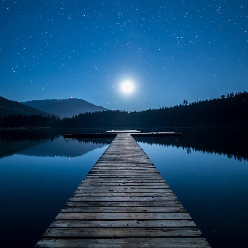 4K, Moon, Nightscape, Moonlight, 4K, Lake, Dock, Reflections, Stars, Mountains
