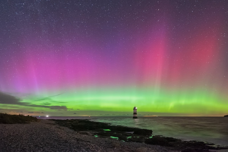 aurora Polaris, green, night  sky, sea, night, lighthouse  beach, Mothers Day, penmon, sky, northern lights, landscape, Anglesey, nightscape, nature, stars