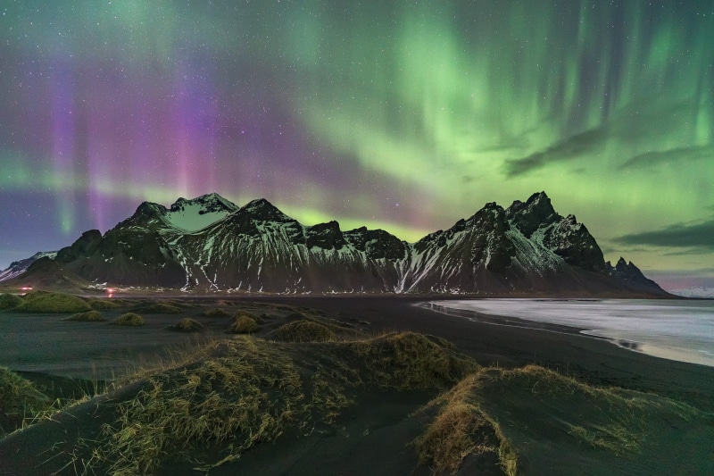 mountain, aurora, borealis, purple, nightscape, Nights, aurora borealis, green, stars, green and purple, mountains, beach, 1080P, Magical, coast, photograph