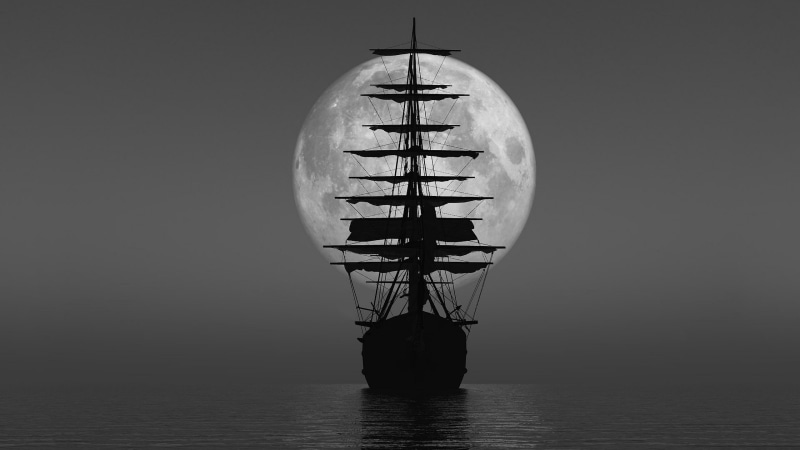 Moon, 2K, sea, vehicle, moon phases, silhouette, sailing ship, ship, monochrome