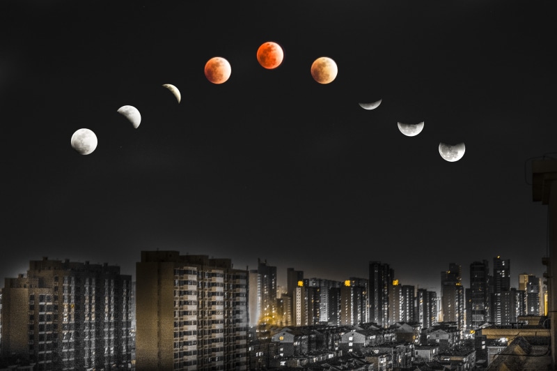 booms, apartment, moonlight, total, night, no people, built structure, illuminated, lunar, full moon, urban skyline, sky, building exterior, city, outdoors