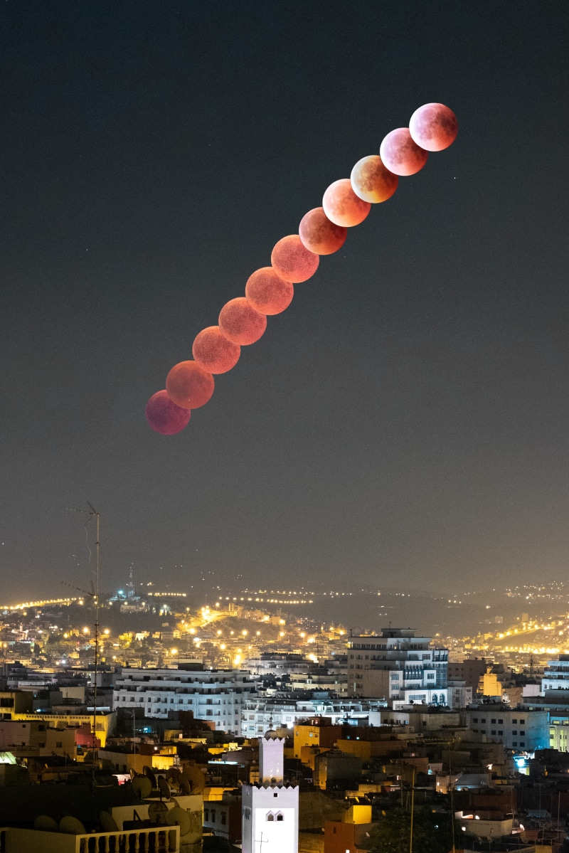 tanger, time, city, lapse, sunset, lunar, dusk, eclipse, fase, multiple exposure, flying, morocco, total, astronomy, color, blood moon, sky, astrophotography