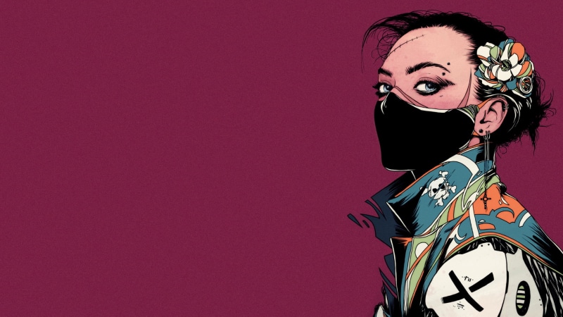 mask, simple background, black hair, digital art, face, illustration, artwork, women, jacket, looking at viewer, 1080P, piercing, Conrado Salinas, scars