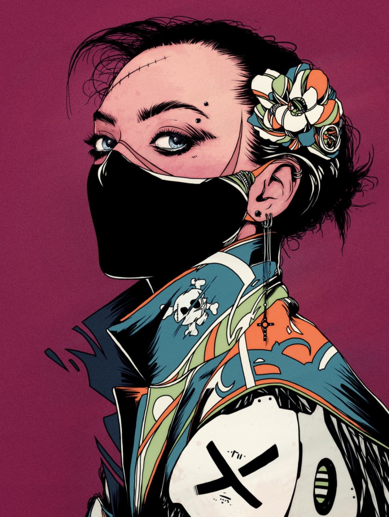 720P, fantasy girl, women, fantasy art, flower in hair, looking at viewer, mask, Conrado Salinas, digital art, portrait display, illustration