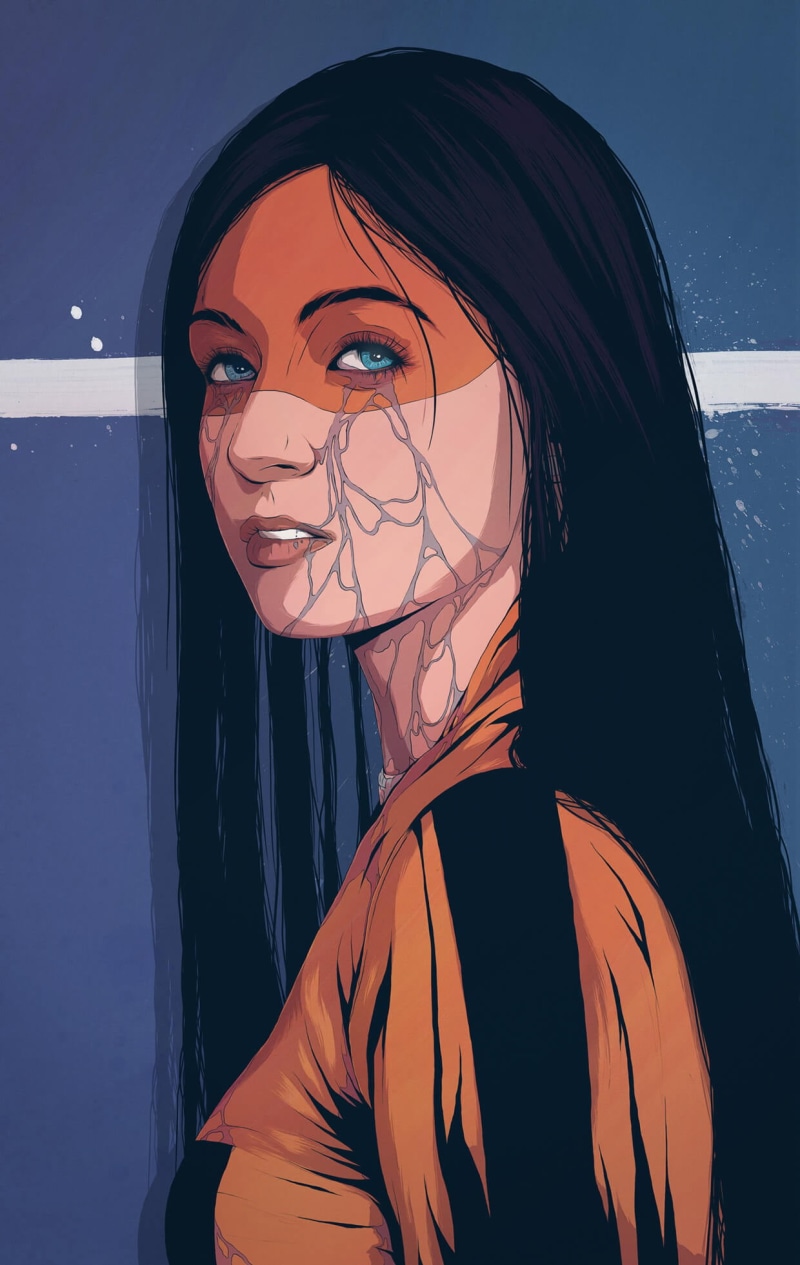1080P, orange, Conrado Salinas, long hair, digital art, blue eyes, looking at viewer, women, portrait, blue
