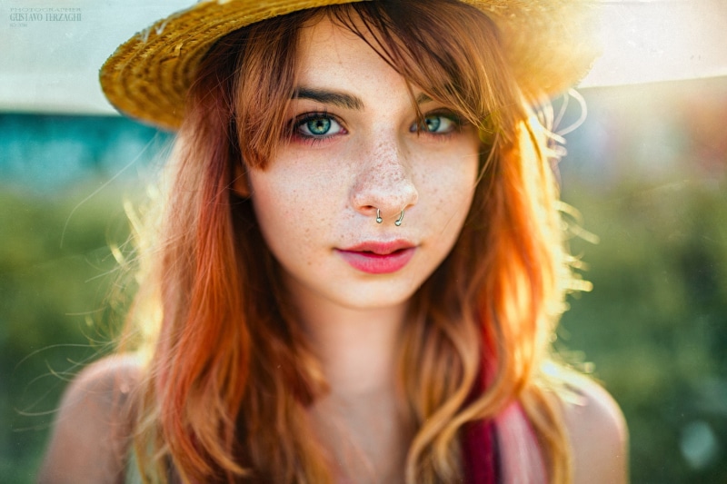 nose rings, 1080P, redhead, freckles, women, face, pierced septum, portrait, hat