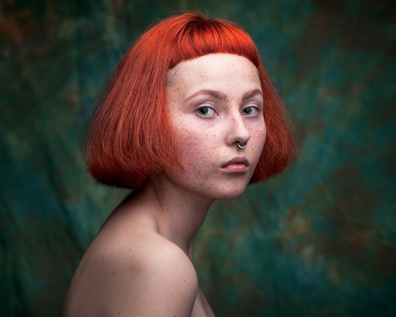 headshot, women, one person, nose ring, real people, pierced septum, beautiful woman, young women, dyed hair, hairstyle, beauty, contemplation, adult, redhead