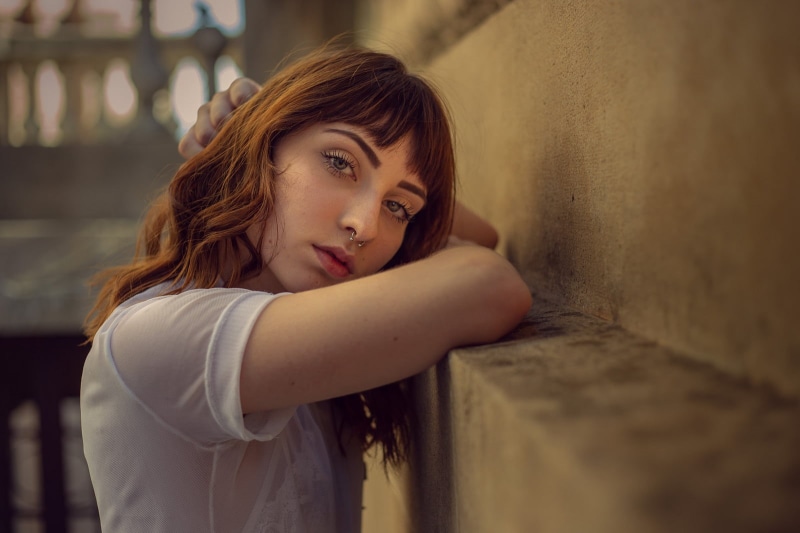 720P, brunette, redhead, beauty, young women, model, women, casual clothing, pierced septum, lifestyles, eyelashes, wall - building feature, one person