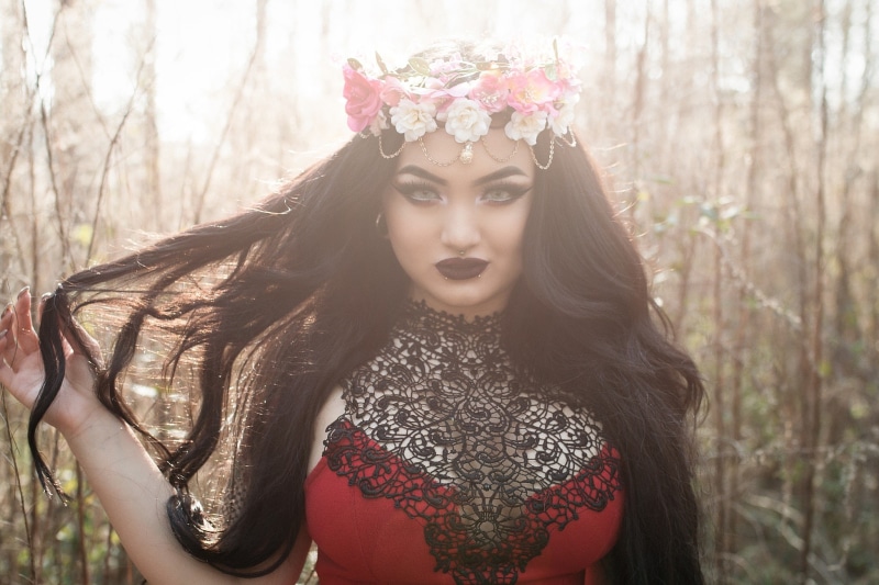 pierced lip, women outdoors, makeup, nose rings, pierced septum, long hair, 1080P, black hair, eyeliner, crown, flowers, piercing, portrait, wreaths, women