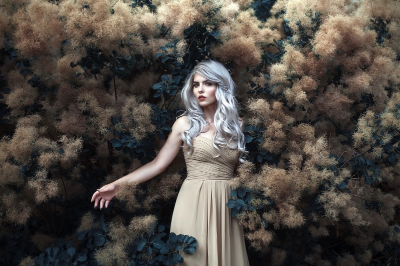 model, dress, red lipstick, fantasy girl, women, pierced septum, 1080P, silver hair