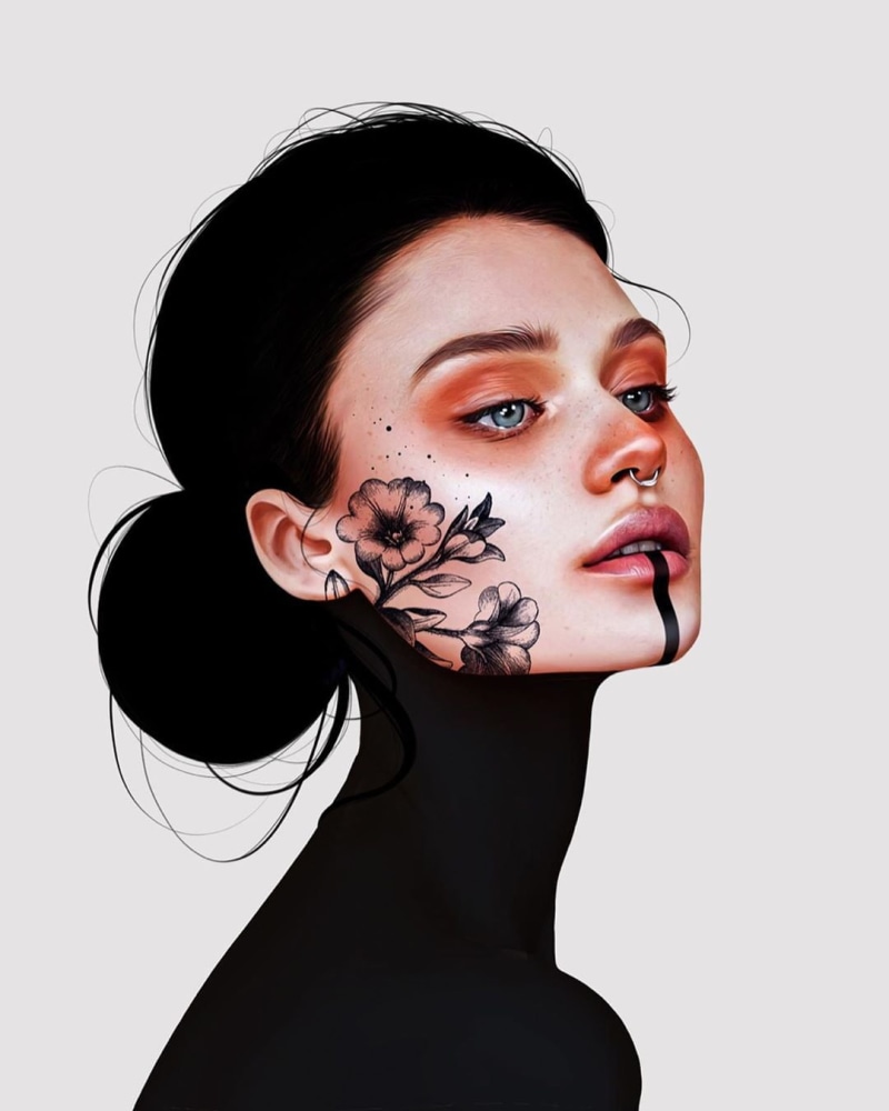 flowers, collar, white background, young woman, looking away, lipstick, brunette, blue eyes, tattoo, makeup, model, hairbun, simple background, pierced nose