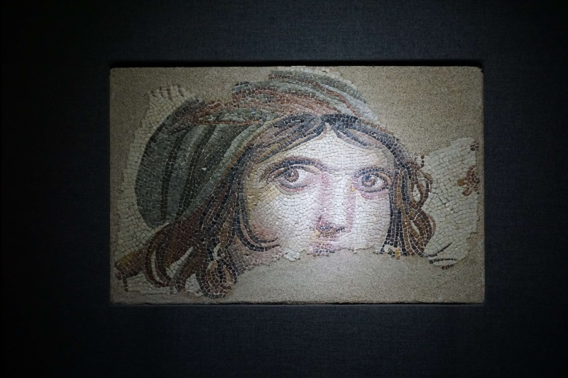 frame, the past, body part, gypsy girl, gaziantep, 4K, male likeness, museum, female likeness, mosaic, indoors, cingene kz, black background, art and craft