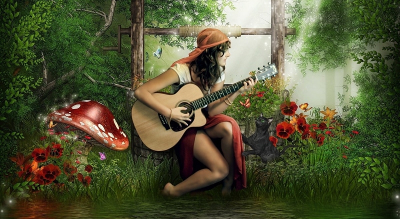 plant, young women, young adult, full length, musician, nature, one person, woman, guitar, playing, sitting, outdoors, musical instrument, illustration