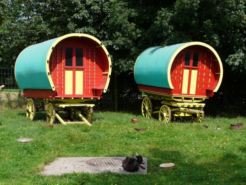 transportation, seat, absence, blue, no people, day, caravan, sunlight, ireland, two, growth, nature, vehicle, gypsy, tree, wagons, grass, abandoned, outdoors