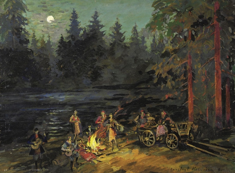 night, Konstantin Korovin, 1080P, picture, the fire, landscape, Gypsies by the River. Yaroslavl Province, forest