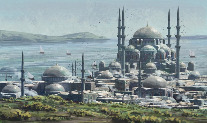 Istanbul, outdoors, concept art, religion, building exterior, water, day, place of worship, Ottoman, building, tower, spirituality, aggression, built structure