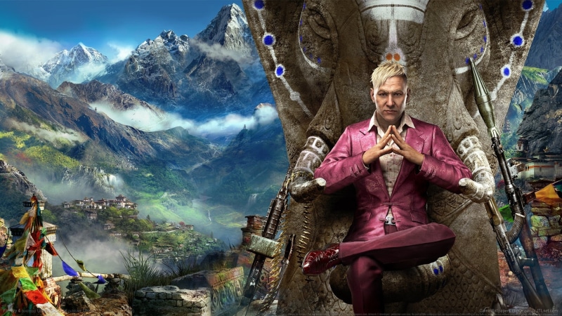 1080P, three quarter length, front view, Statue, Kyrat, smiling, real people, Pagan Min., Look, leisure activity, clothing, mountain, The sky, RPG, sitting