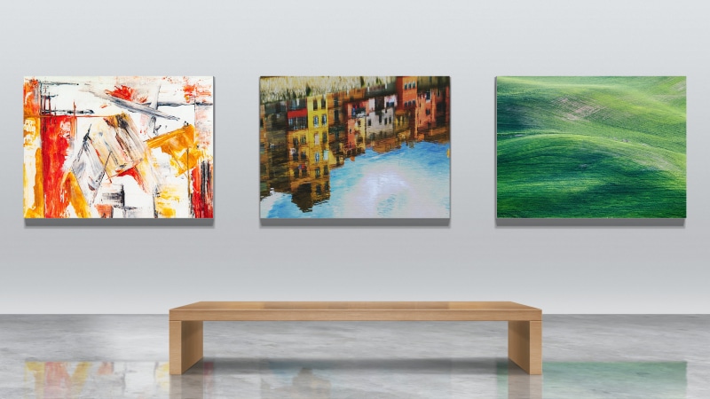 painting, picture frames, bench, canvas, abstract, museum, wall, art gallery, landscape, 4K