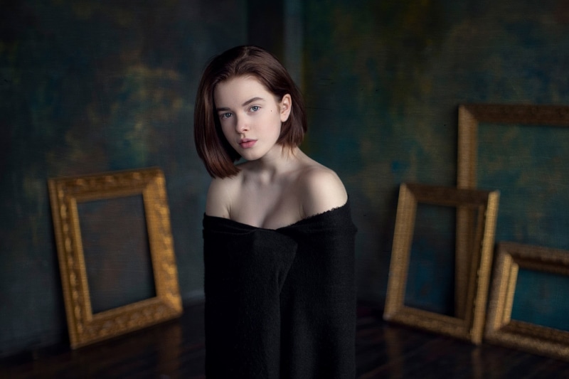 model, one person, fashion, brunette, hair, portrait, looking at viewer, contemplation, young women, bare shoulders, standing, looking at camera, long hair