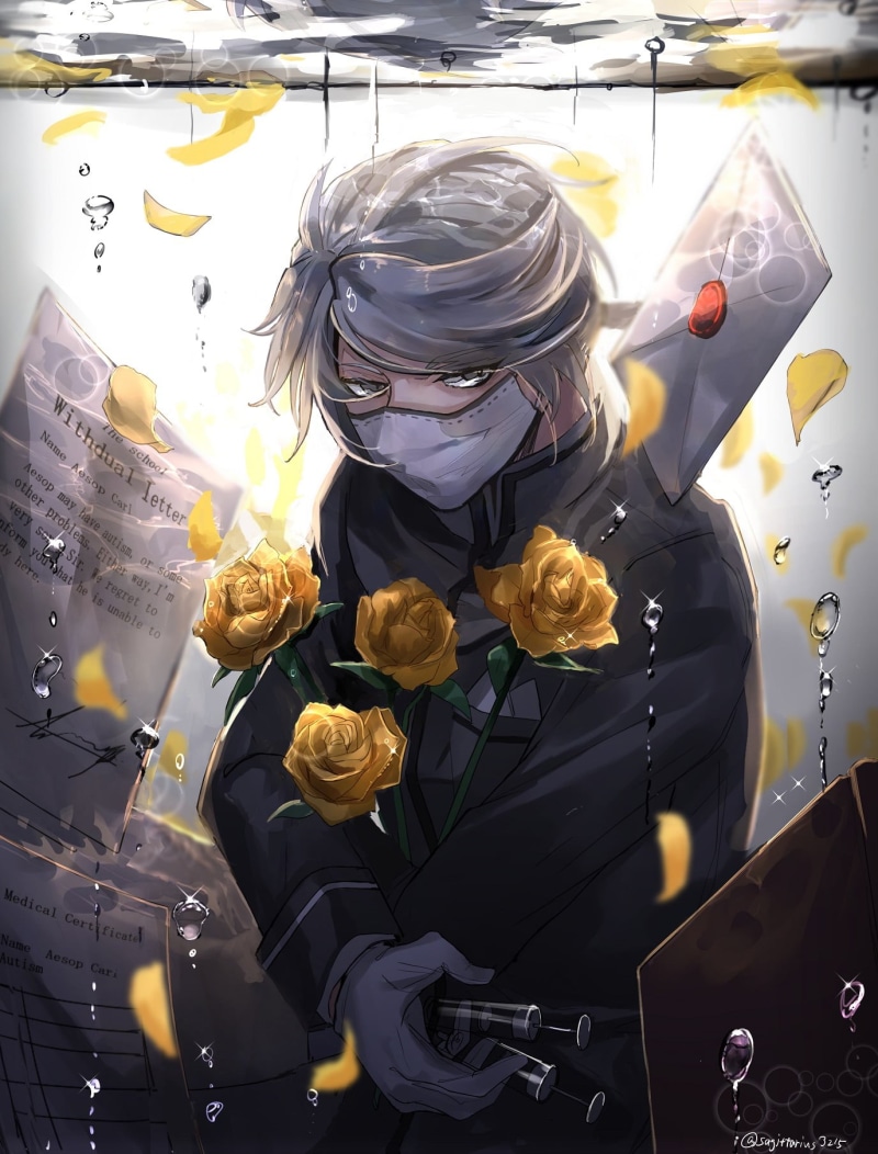 bubbles, white hair, Aesop Carl, hugging, petals, roses, letter, anime, Identity V, syringe, water, underwater, yellow flowers, 720P, Male