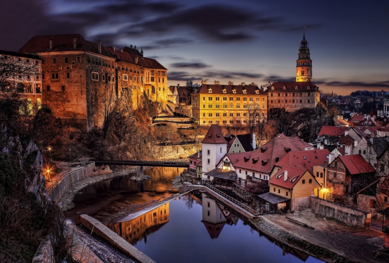 city, red, long exposure, light, chateau, bohemia, houses, south, Night, vltava, cesky, castle chateau, castle, krumlov, roofed, 1080P, cesky krumlov