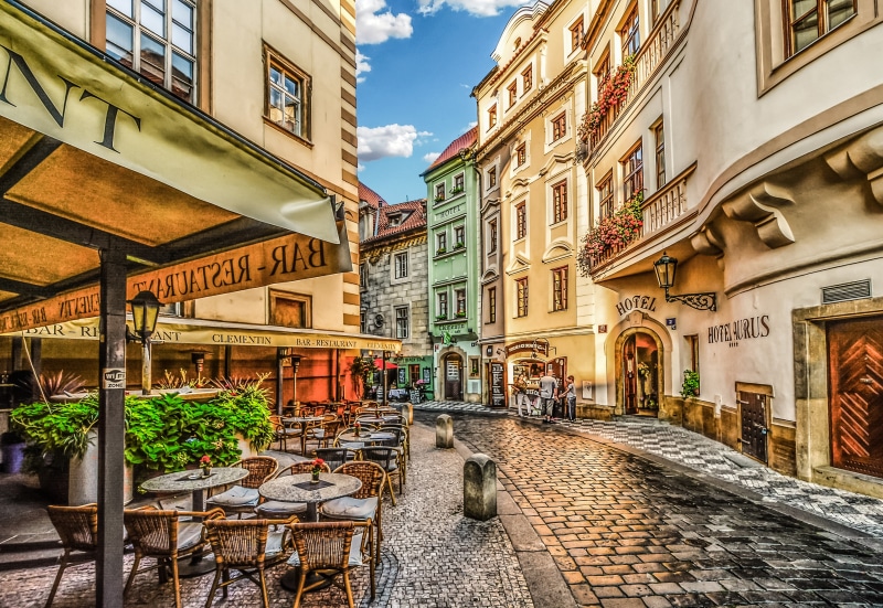 bohemia, sky, building exterior, brown, 4K, cobblestone, vacation, holiday, architecture, illustration, travel, prague, sidewalk cafe, tourism, chair