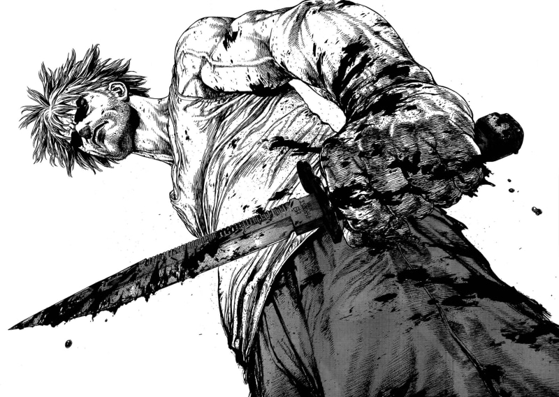 ken kitano, digital composite, black and white, plant, nature, plant part, low angle view, outdoors, manga, representation, knife, growth, pattern, day
