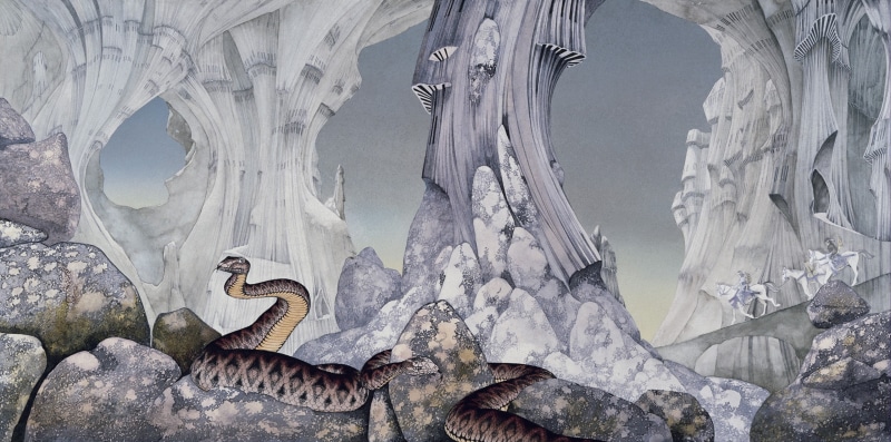 snake, animals, stones, digital art, Yes, progressive rock, Roger Dean, cobra, drawing, 2K, artwork, rock, horse riding