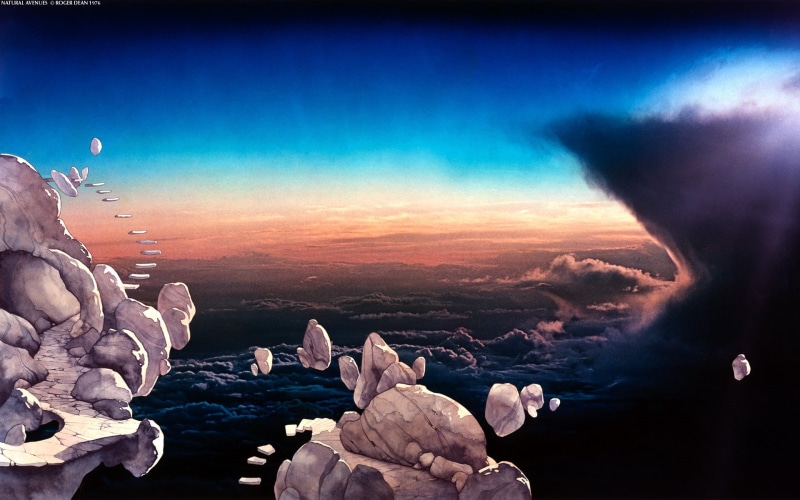 Roger Dean, blue, digital composite, nature, sky, beauty in nature, environment, idyllic, scenics - nature, rock, tranquil scene, fantasy art, tranquility