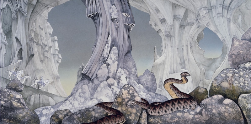 2K, digital art artwork drawing animals roger dean snake cobra rock stones horse riding yes