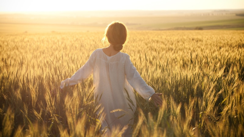 field, harvest, one, happiness, girls, loneliness, dress, hd, the sky, walk, 2K, from the back, wheat, girl, woman, women, the wind, dom, beautiful s