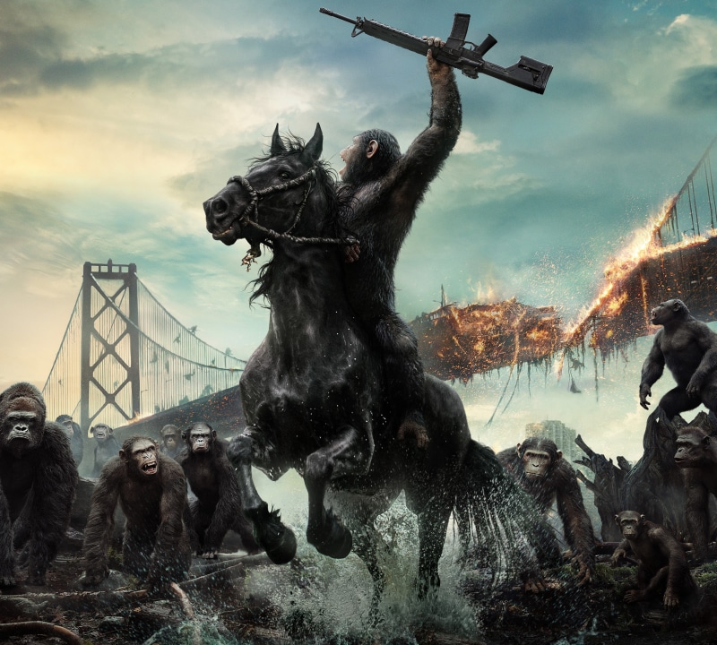 2014, Film, apes, monkey, monkeys, 2K, planet, illustration, Action, HD, drama, sky, USA, sci-fi, Caesar, Chimpanzee, bridge, Movie, Dawn of the Planet of the Apes